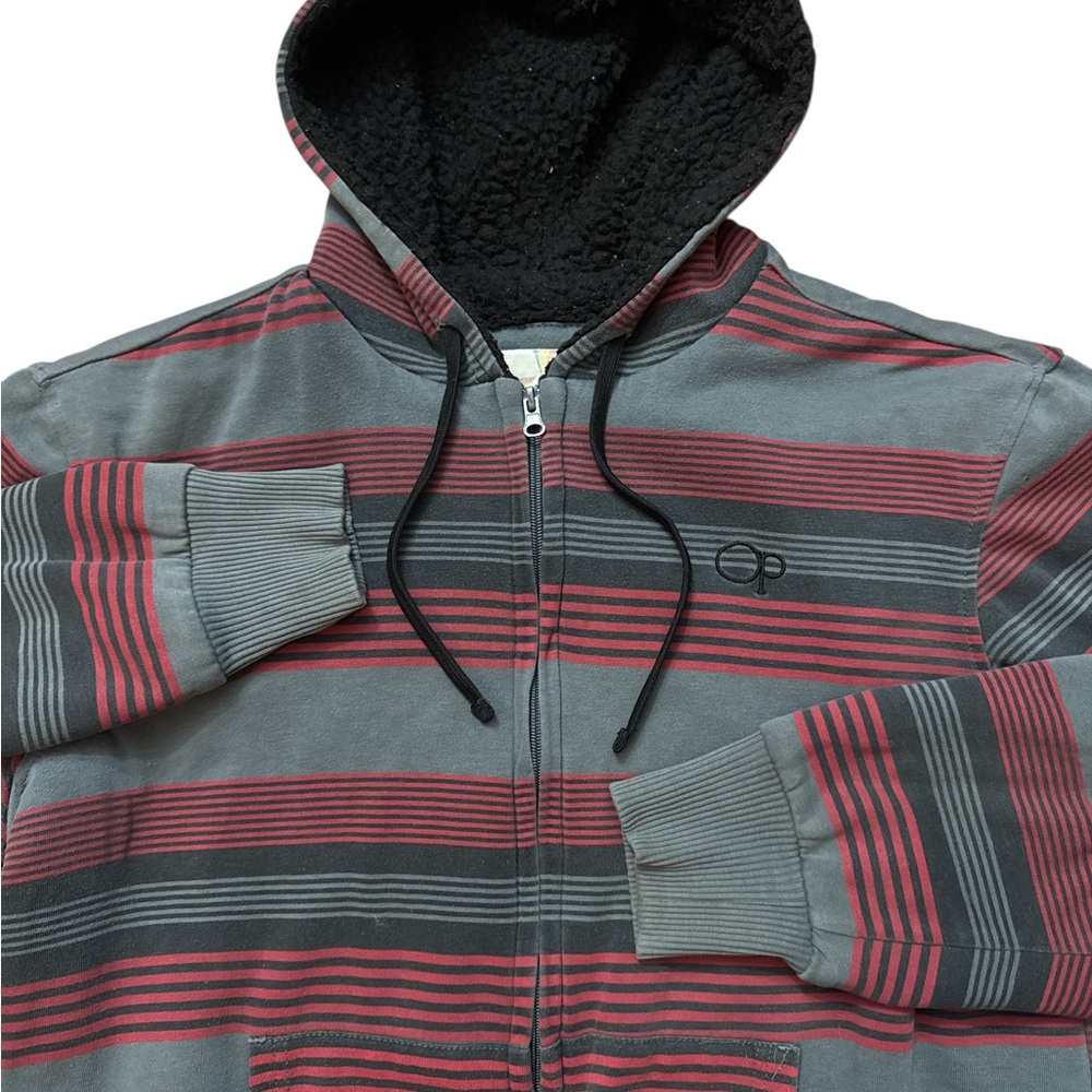 Ocean Pacific Y2K OP Men’s Striped Sherpa Lined Zip Up Hooded Jacket Size Medium
